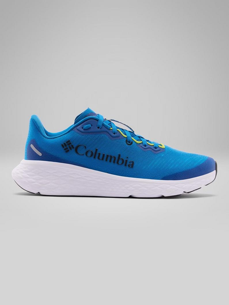Blue athletic running shoe with white sole and yellow-green lacing detail shown in side profile.