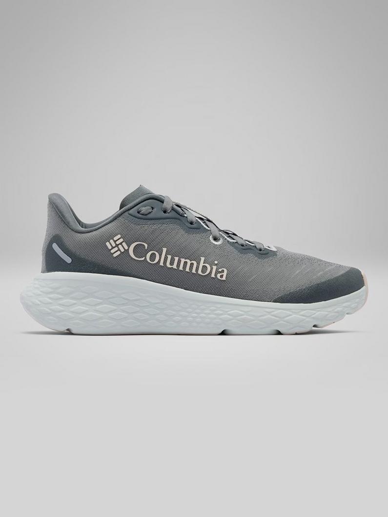 Gray athletic sneaker with white sole and textured upper, shown in side profile view.