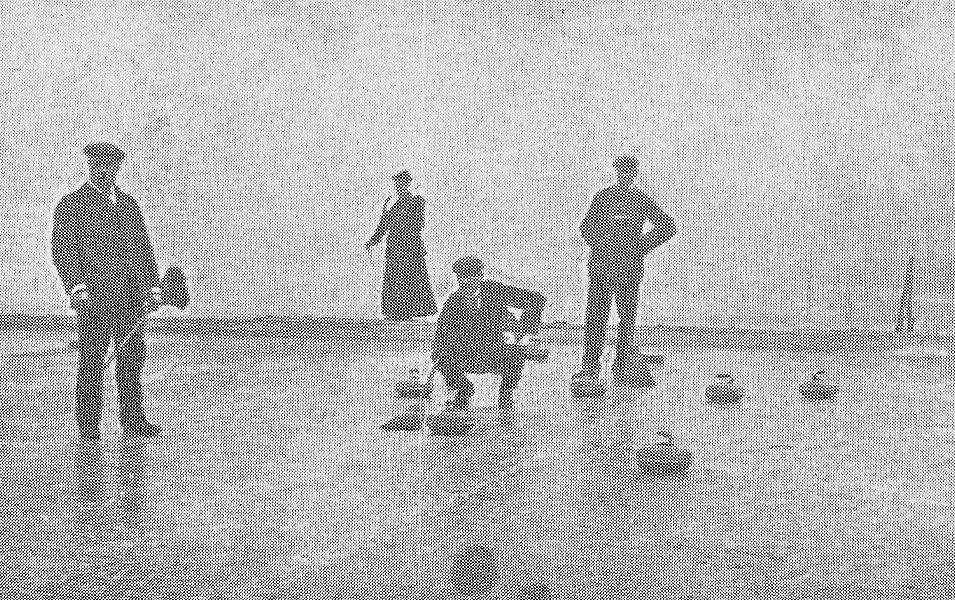 Old black and white photo of people curling. 