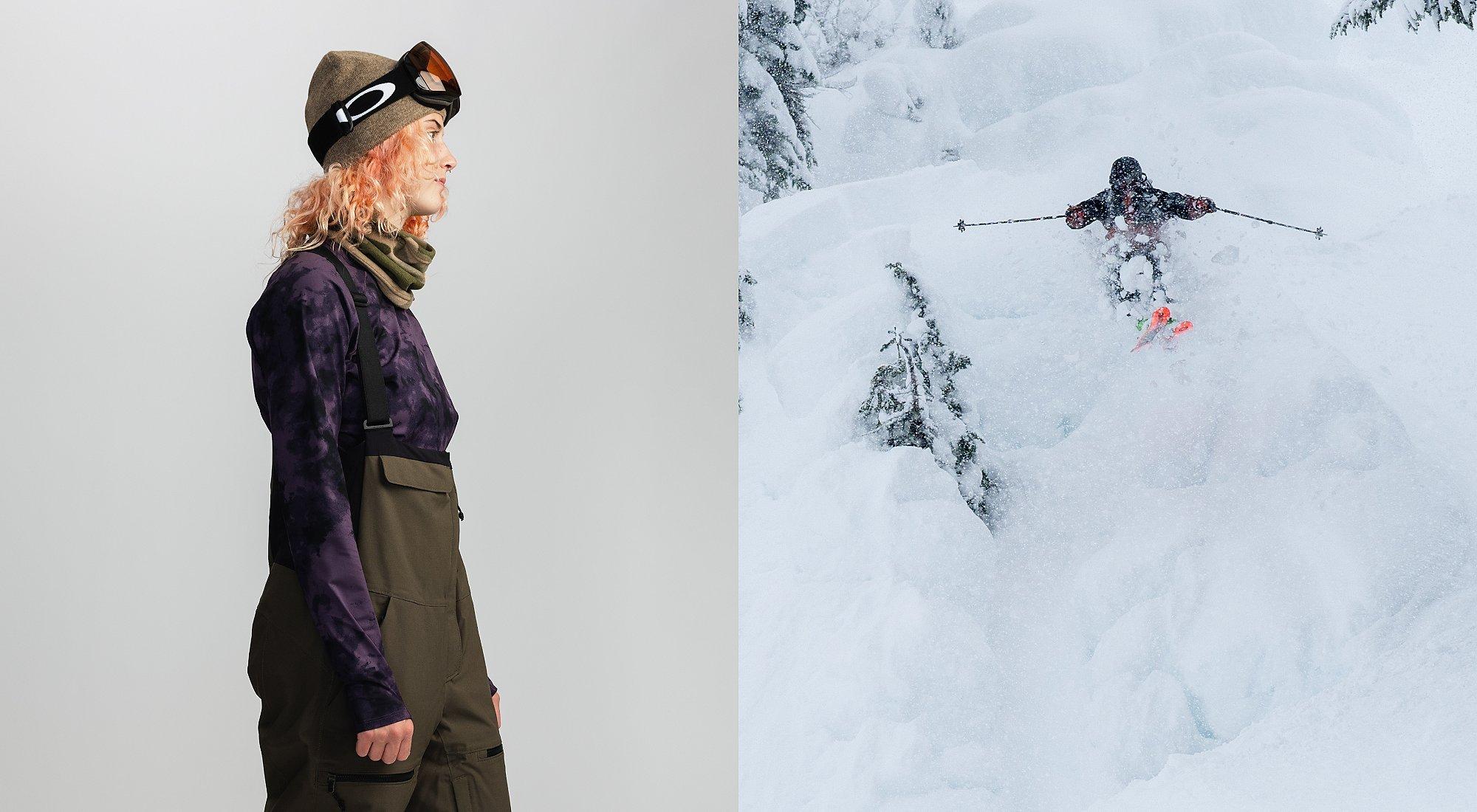Studio shot of the Powder Maven bib alongside location shot getting fresh powder.