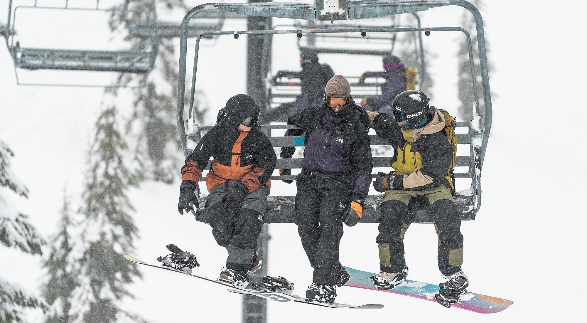 On the chairlift on a powder day.