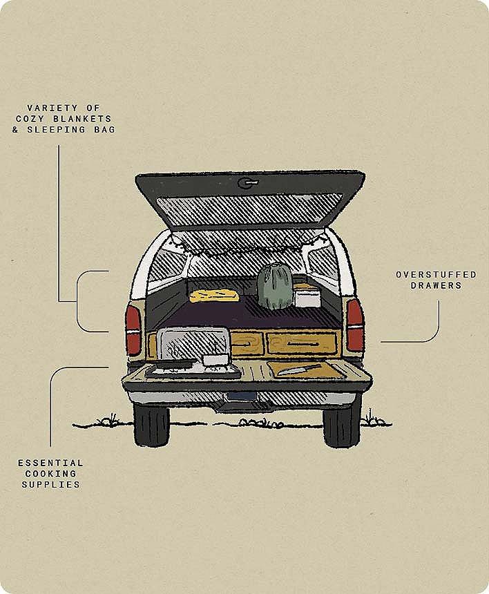 Interior shot of truck with organization, drawers and storage called out