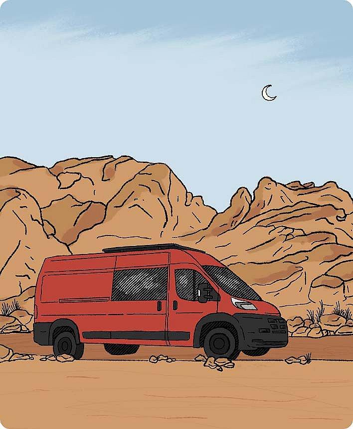 van illustration by desert background with moon in background