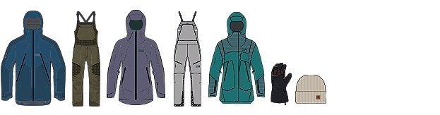 Line drawings of the products featured in on and off piste
