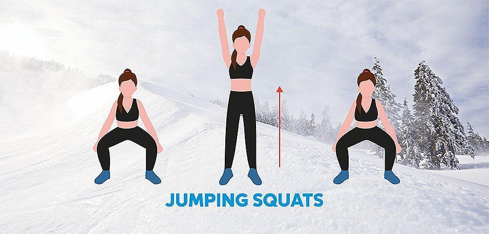 Illustration of woman doing jumping squats overlaid on snowy background. 
