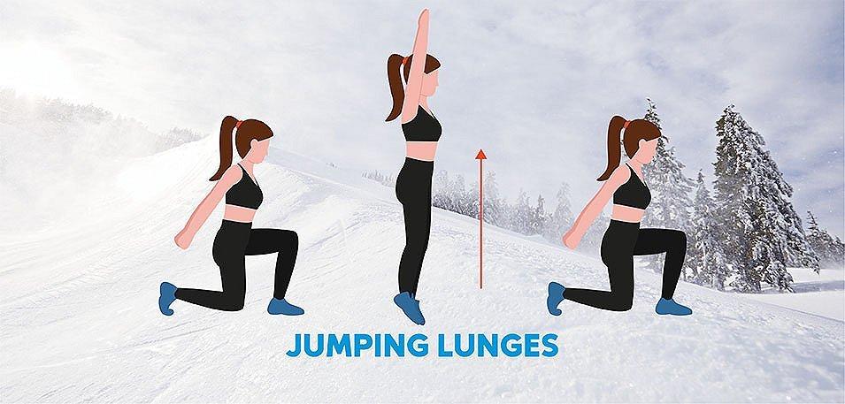 Illustration of woman doing jumping lunges overlaid on snowy background. 