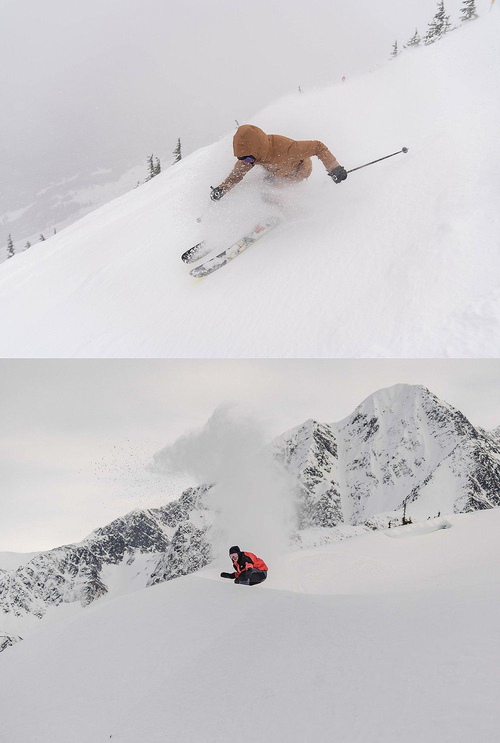 Skiing and snowboarding in prime powder conditions.