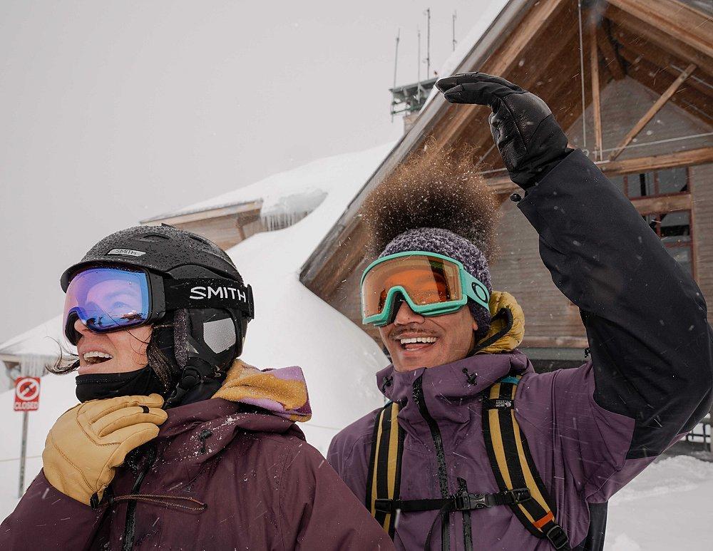 Coming out of the ski lodge.