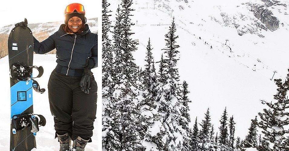 Sharifa Murdock with snow boarding gear in a winter scene.  On the right a mountain ski run.