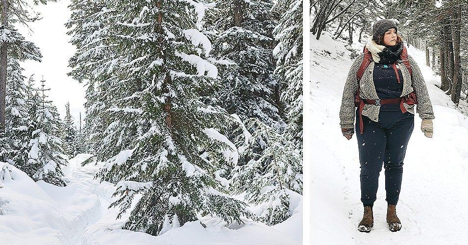 A snowy trail in Banff National Park. On the right Marielle Terhart on a trail at Banff National Park. 