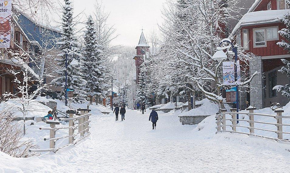 Snowy ski village winter scene.