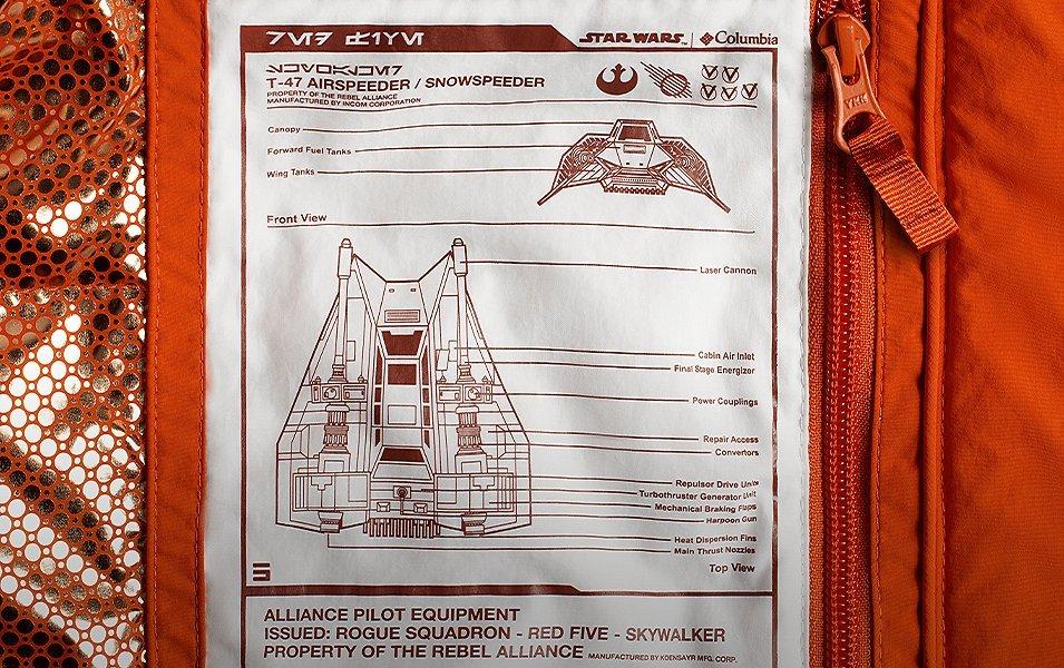 Close-up of a vehicle schematic inside a Skywalker Pilot lightweight jacket. 