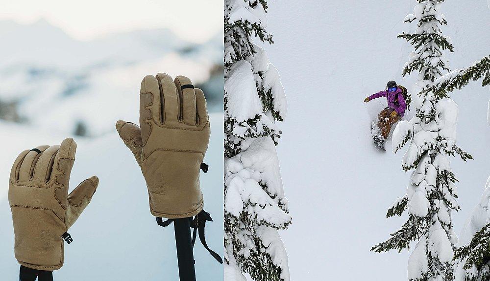 Gloves on ski poles side by side with an image of a snowboarder coming down in powder.