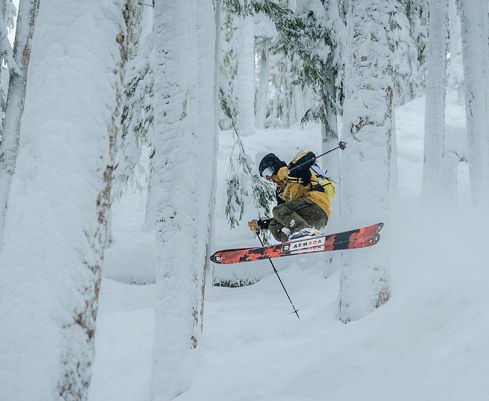 Skiing through the trees.