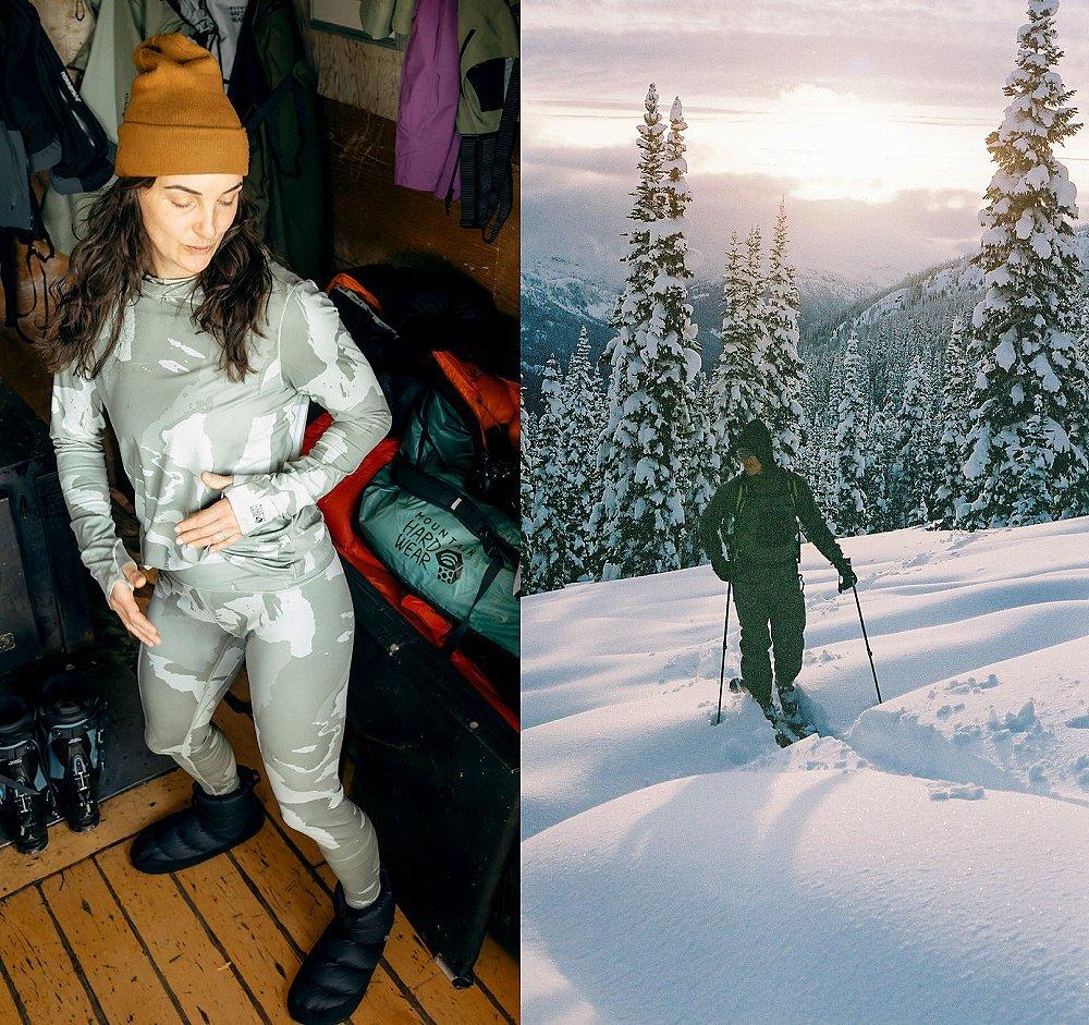 Baselayers in the cabin side by side with image of skinning in the backcountry.