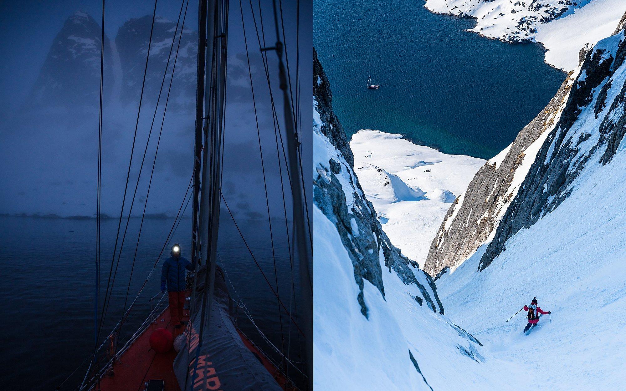 Side by side image of the sailboat at night alongside Rachael skiing down a carvass. 