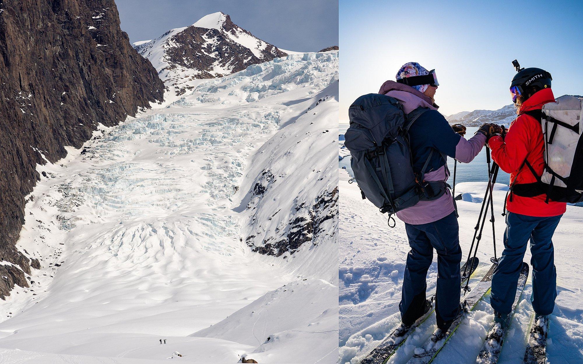 Two images side by side of Jessica and Rachael getting ready to ski in Greenland.
