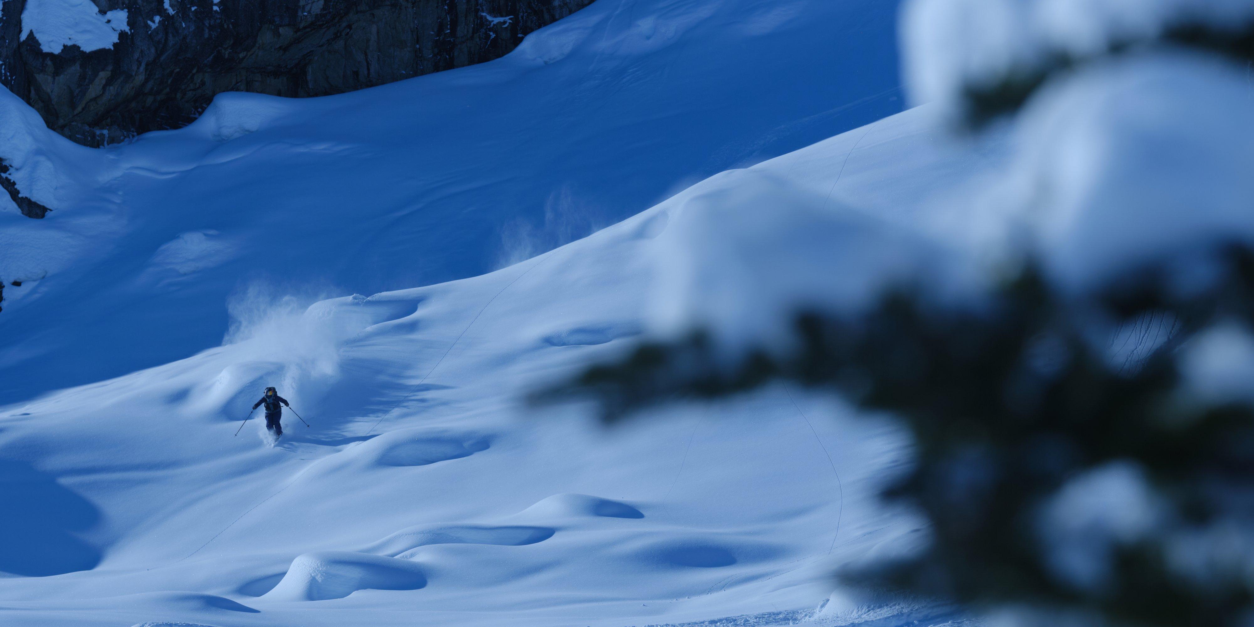 Skiing in the backcountry in the Mythogen Gore-tex Pro Kit.