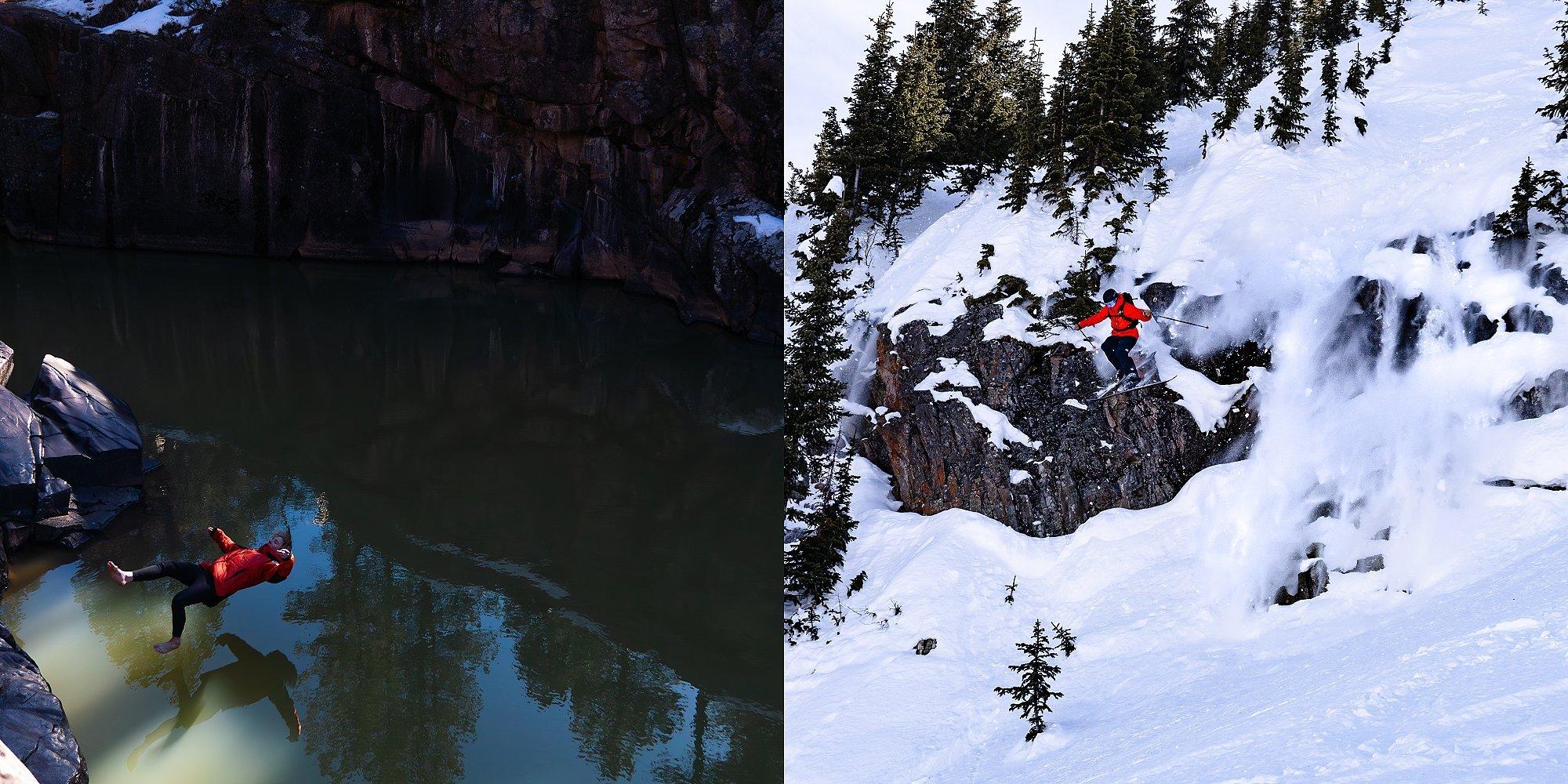 Side by side of Hank jumping in an alpine lake with an image of them skiing.