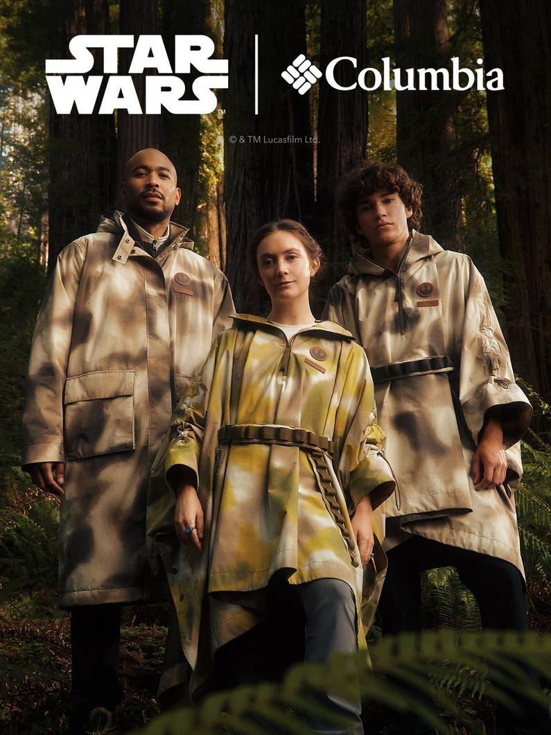 Group of people wearing Endor Collection gear in a forest. Star Wars and Columbia logos. 