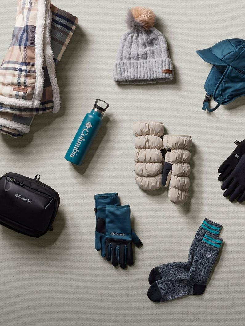 Laydown of winter accessories.