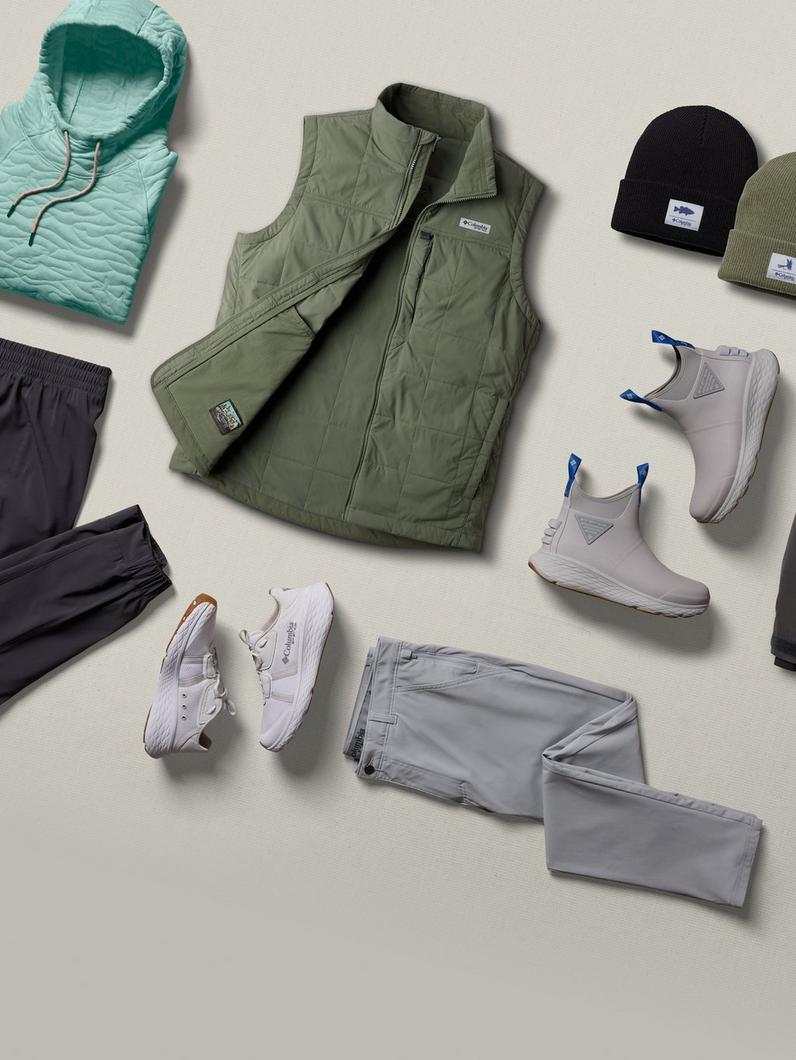 Arrangement Performance Fishing Gear, like a cooler, hoodie, and boots.