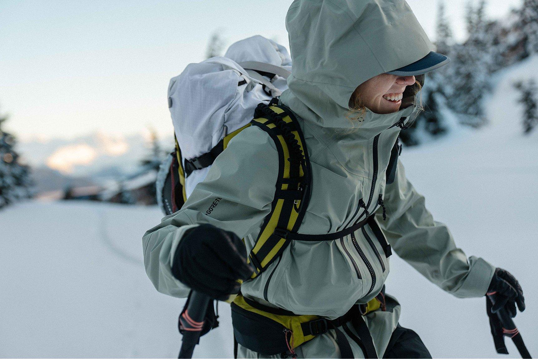 Erin in the backcountry skinning on her skis.