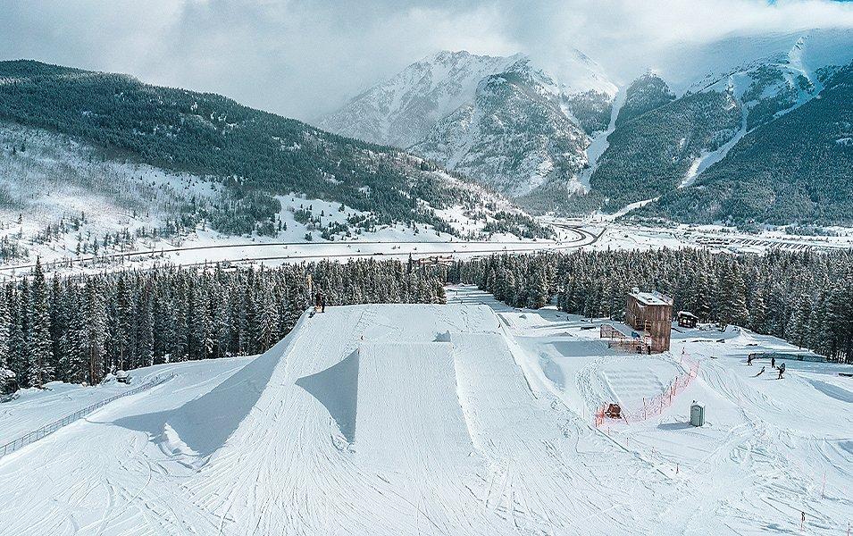 Terrain park in snow mountain scene.