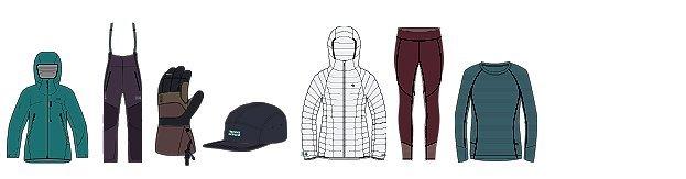 Line drawings of the products featured in the Women's Backcountry Kit