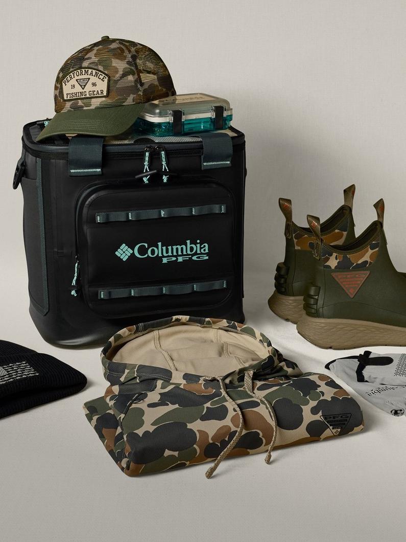 Arrangement of Performance Fishing Gear, like a cooler, hoodie, and boots.