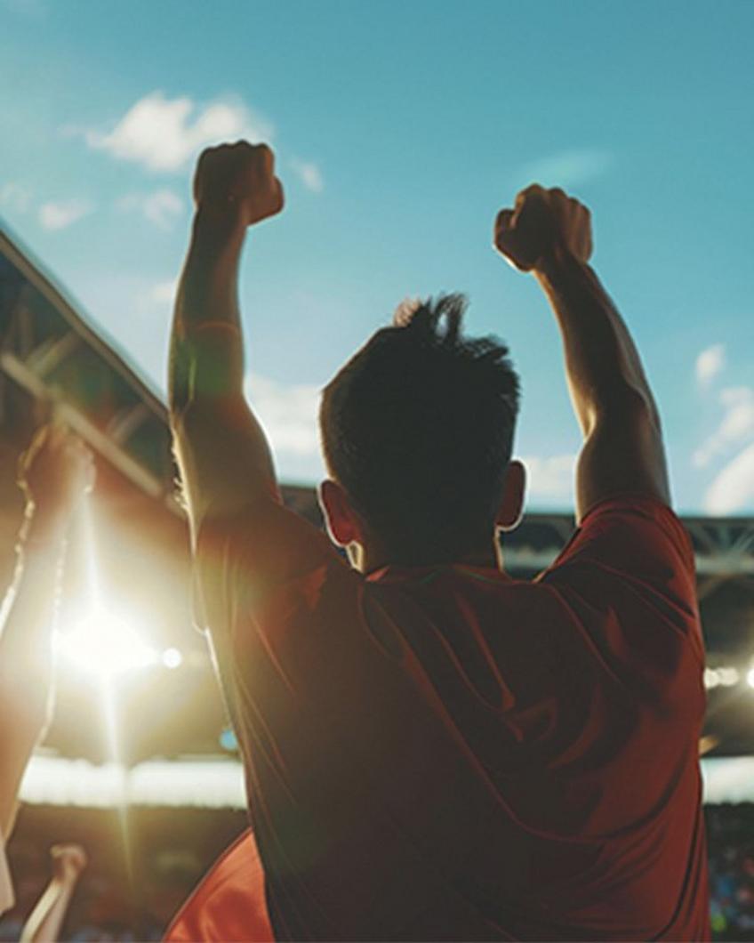 Silhouette of a man cheering at a sports areana