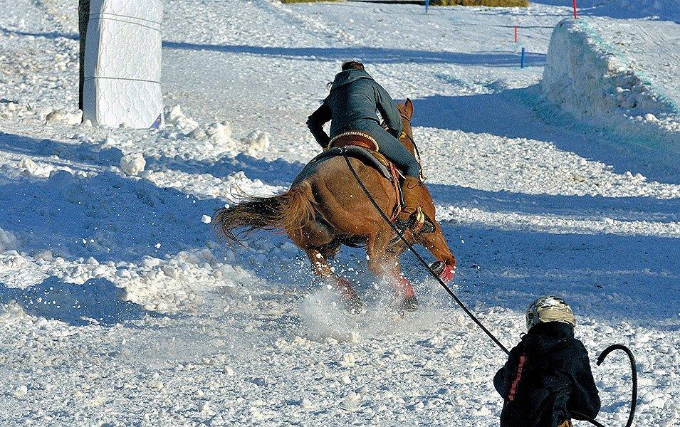  A rider on horseback tows a person on skis across the snow. 