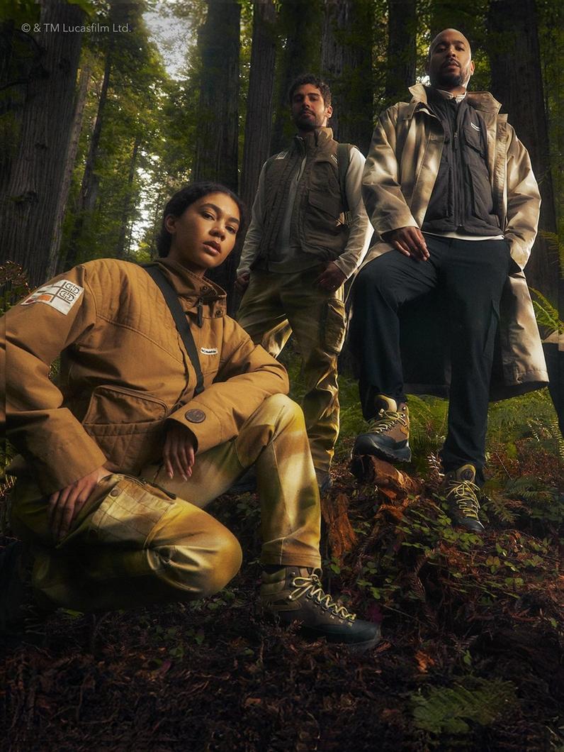 Models in the California Redwoods in Star Wars Return Of the Jedi inspired gear.