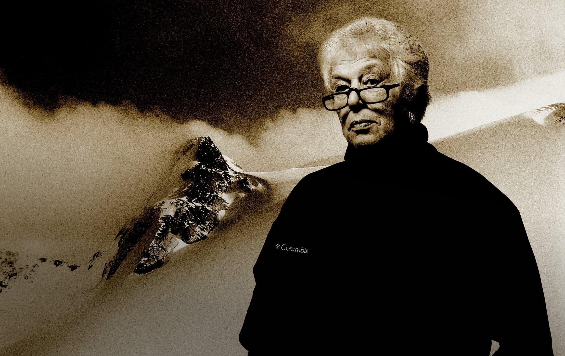 Sepia portrait of Gert Boyle with Mt Hood Wy'est in the background.