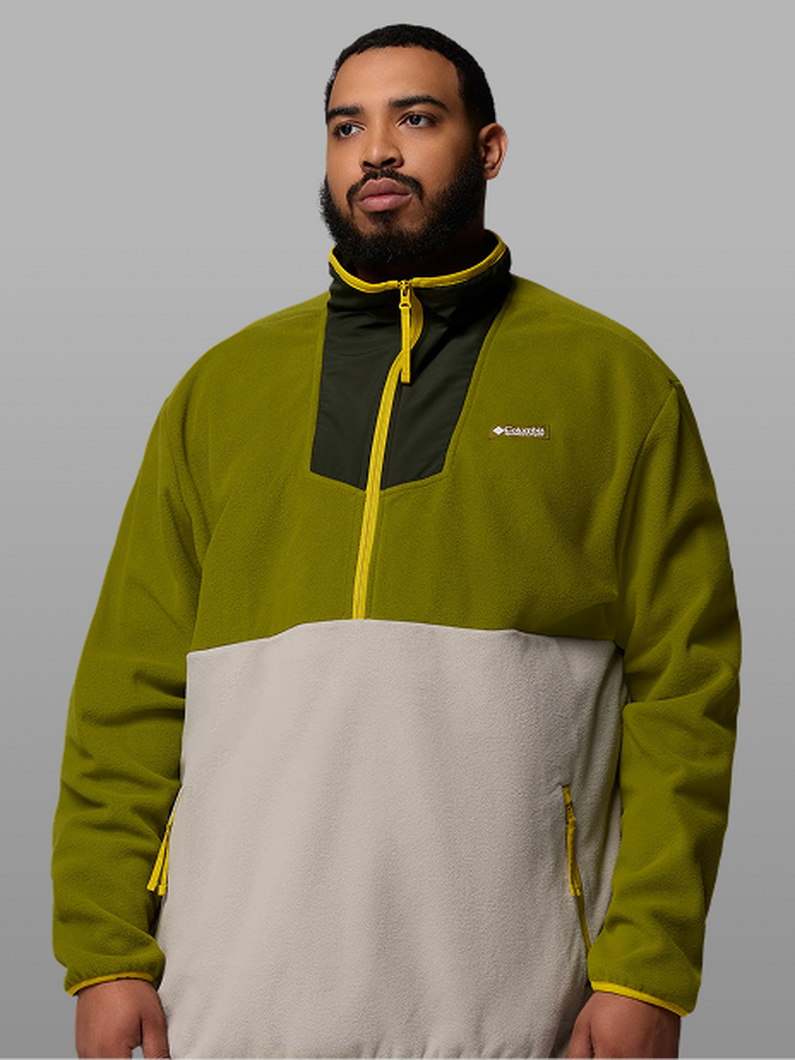 A man wearing a green fleece half-zip.
