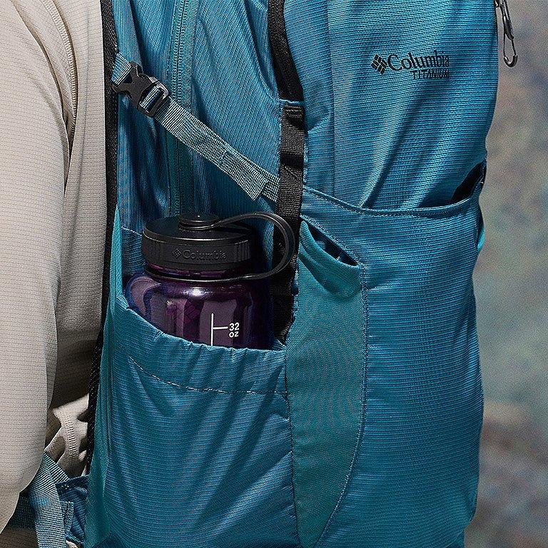 Close-up of the hydration pocket with a water bottle