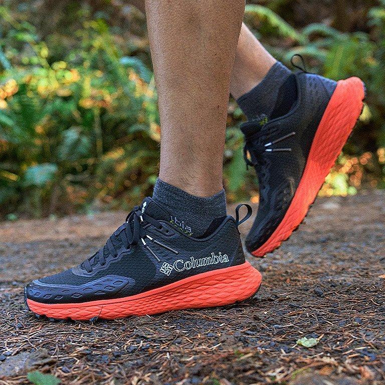 A close up view of the Konos sneaker on foot.