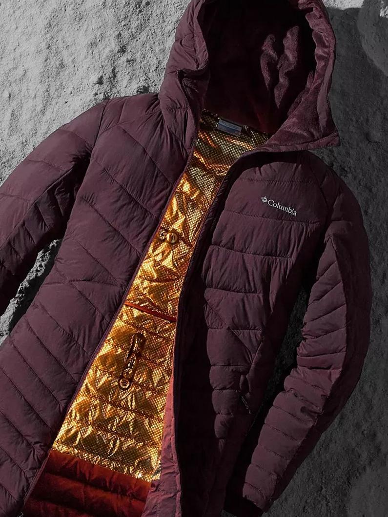 A maroon Omni Heat jacket against a lunar background.