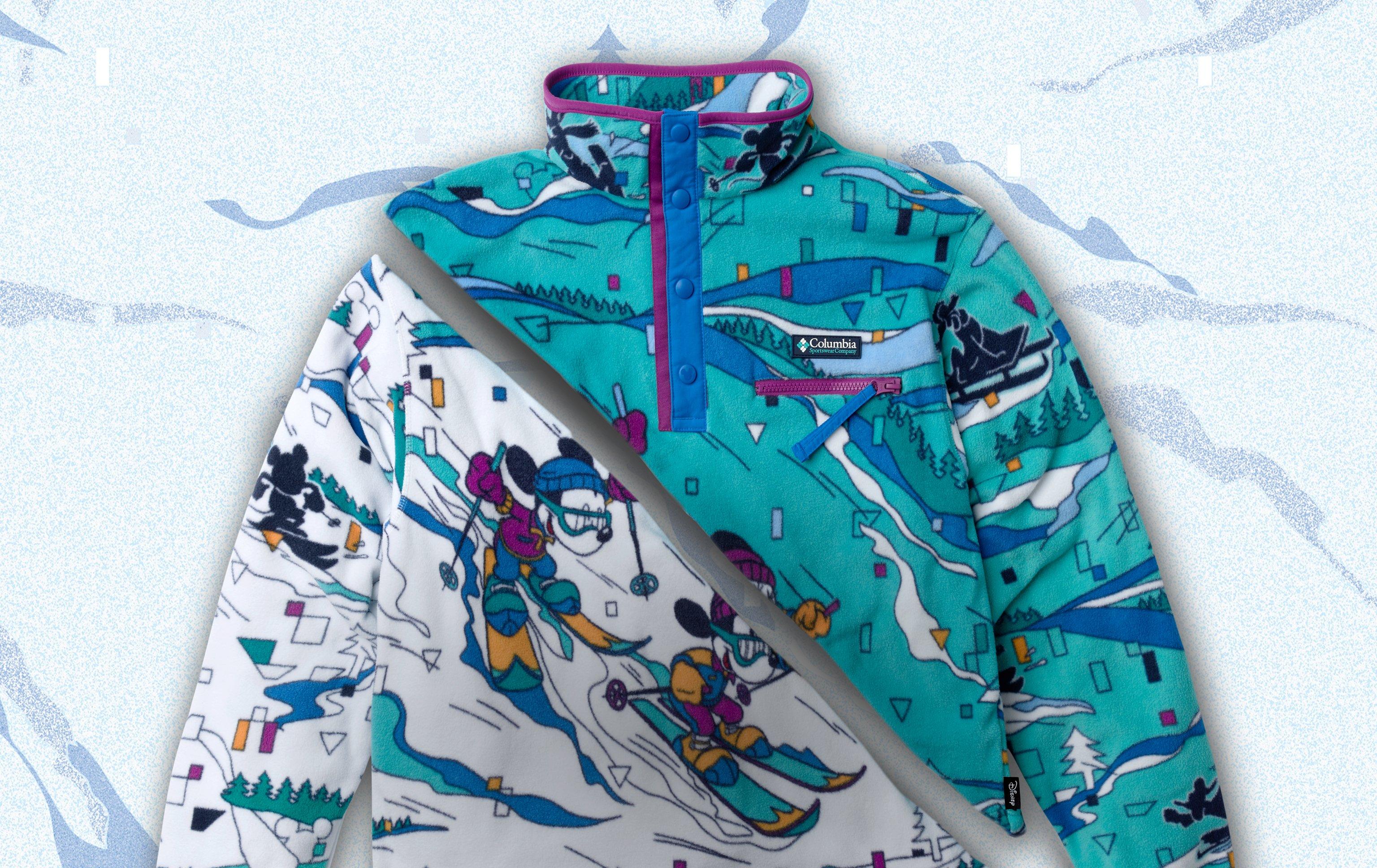 Product lay down of fleece over a snowy backdrop with illustrated trees.