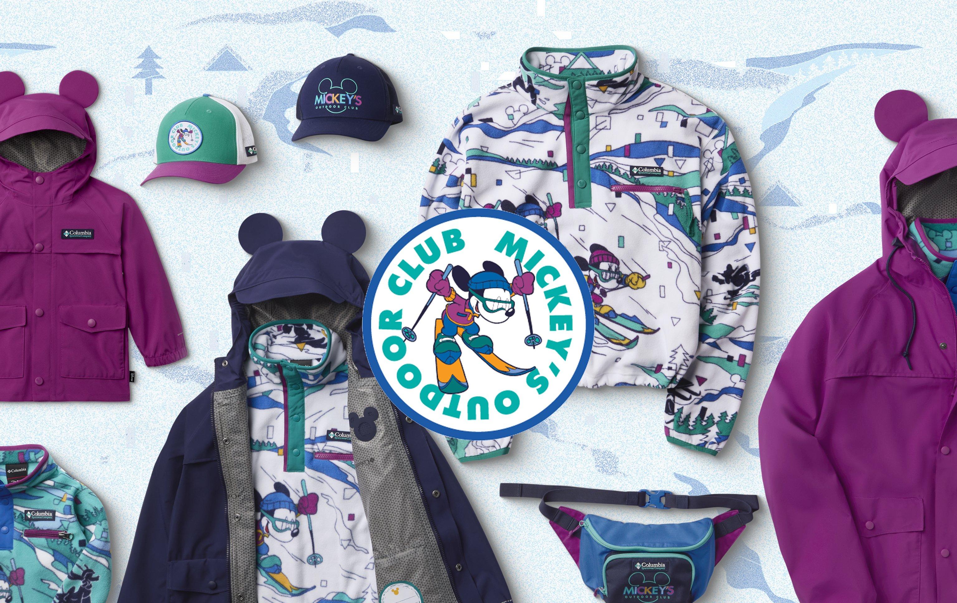 Product lay down of fleece, jackets, and accessories over a snowy backdrop with illustrated trees.