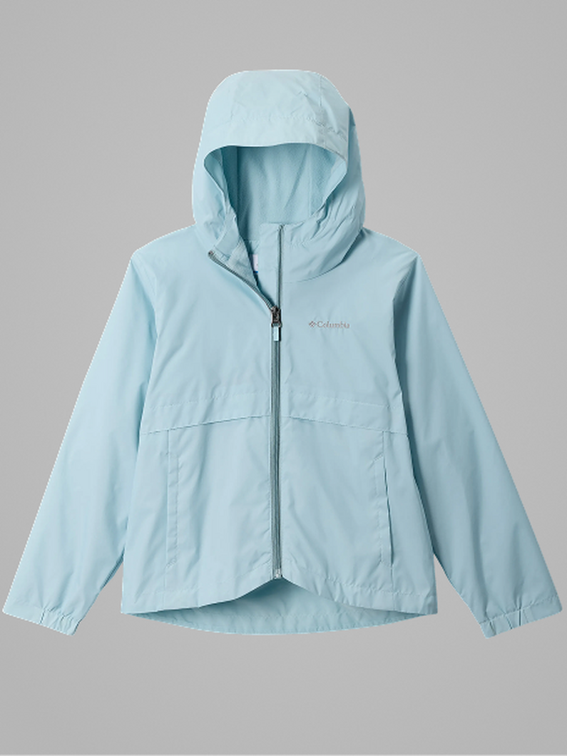 A little girl wearing a light purple ski jacket with a helmet and goggles on with text: Girls