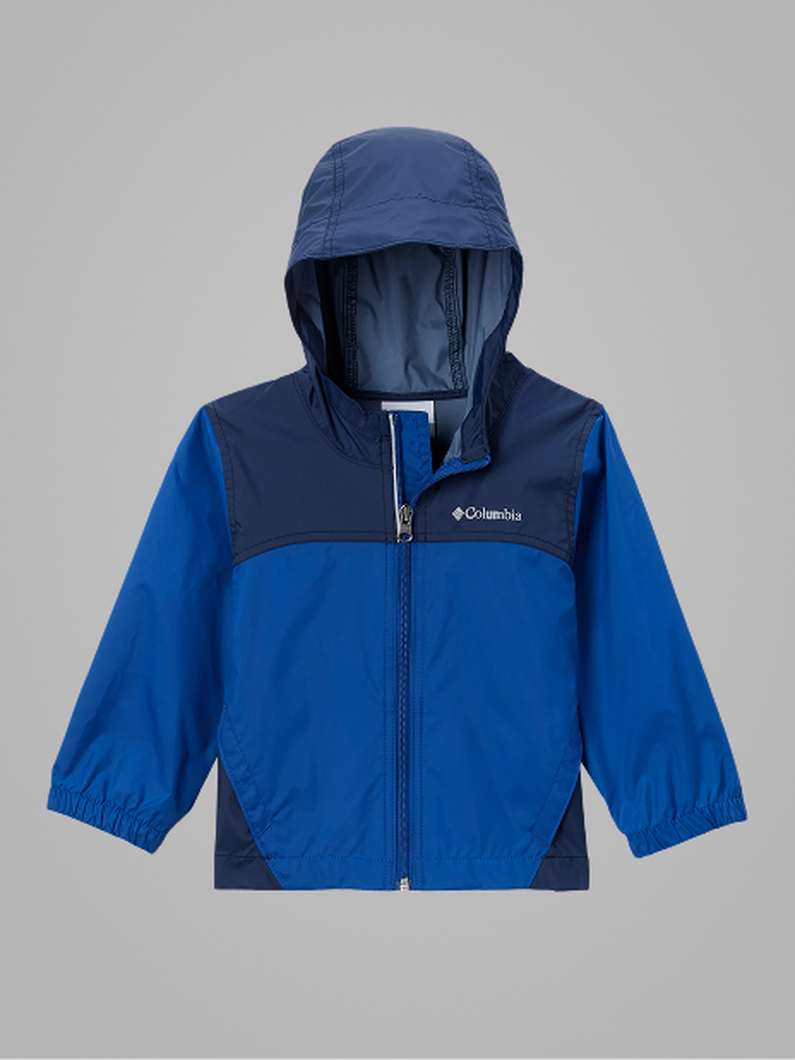 A toddler's white and blue floral jacket with text: Toddler