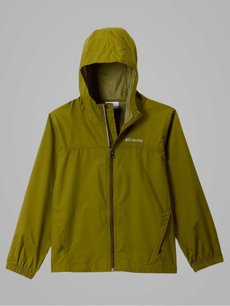 A little boy wearing a dark green ski jacket with a helmet and goggles on with text: Boys