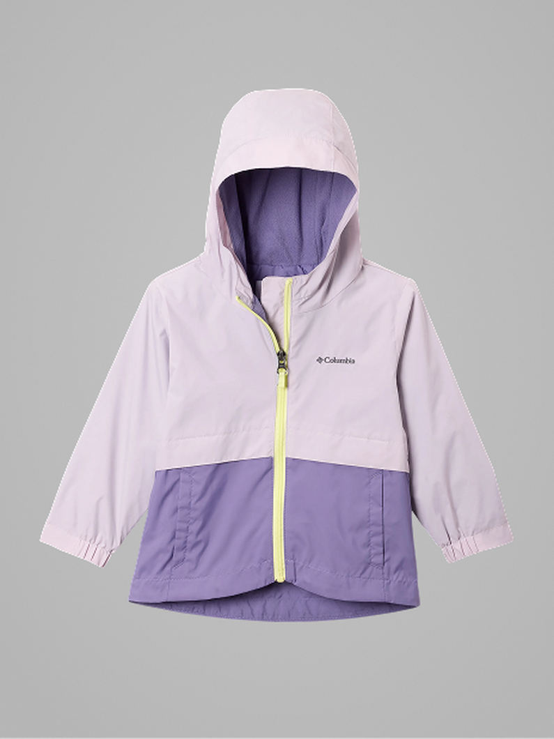 A toddler's white and blue floral jacket with text: Toddler