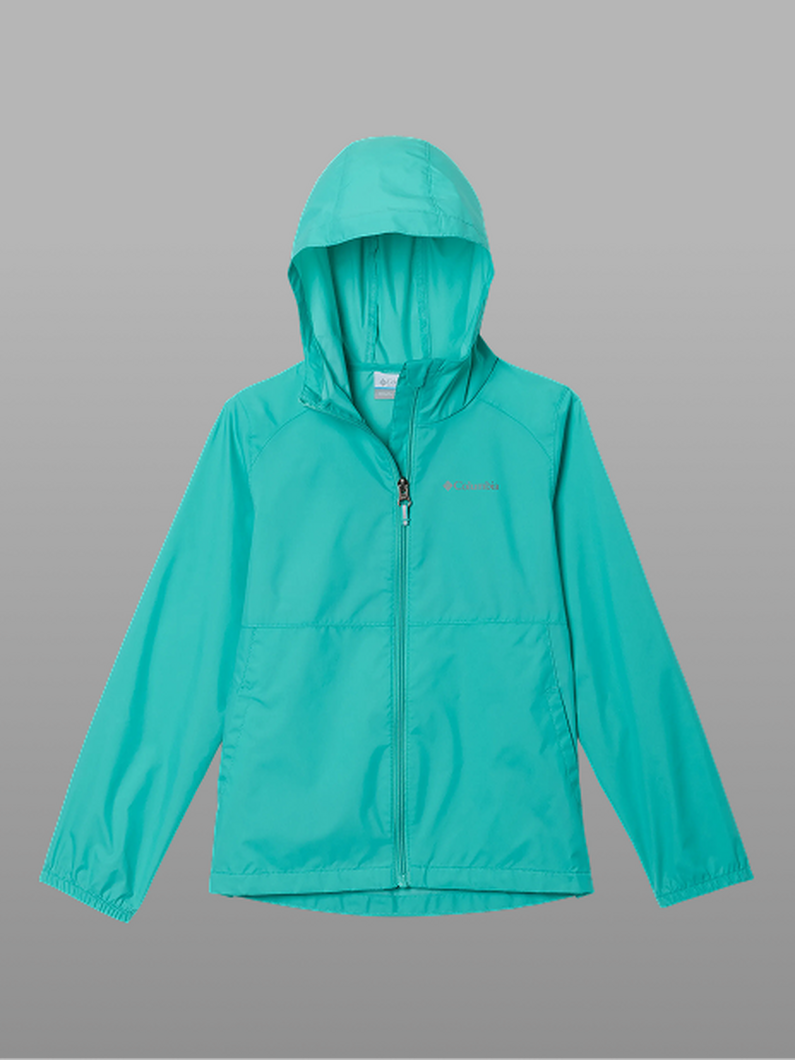 A teal kids' rain jacket.