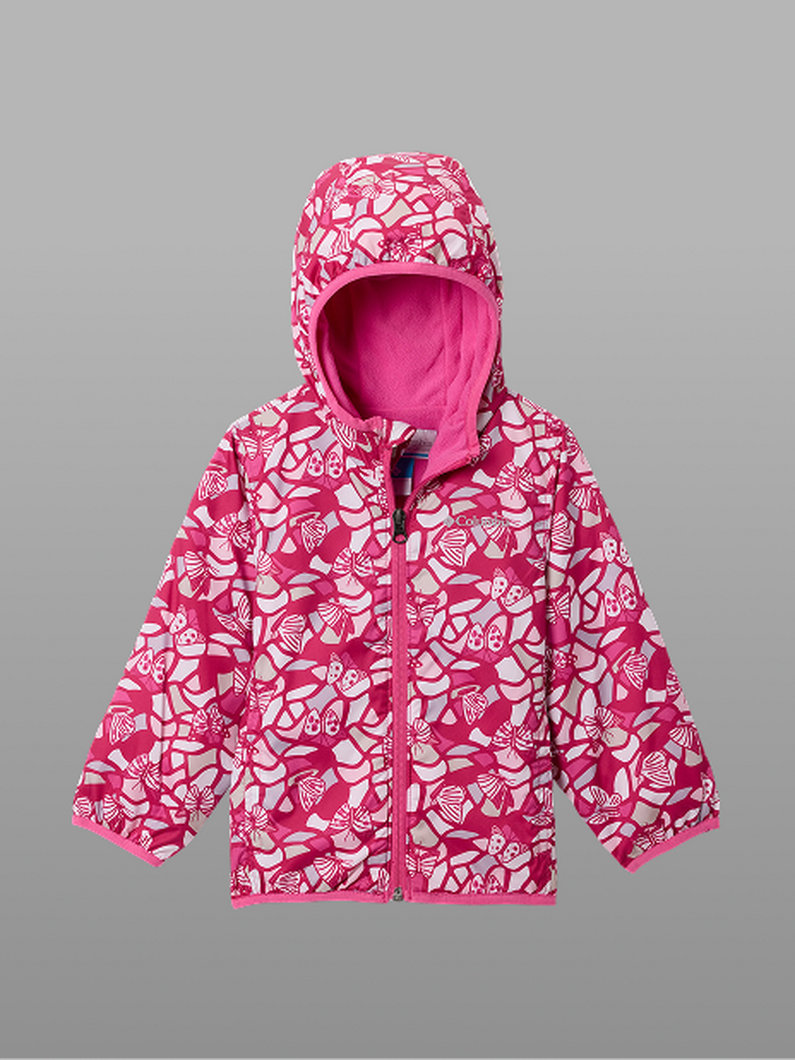 A toddler's pink patterned jacket.