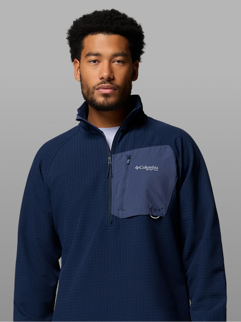 A man wearing a dark blue fleece half-zip.