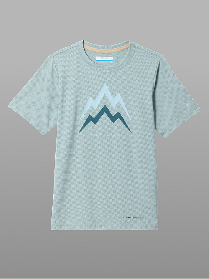A blue graphic tee.