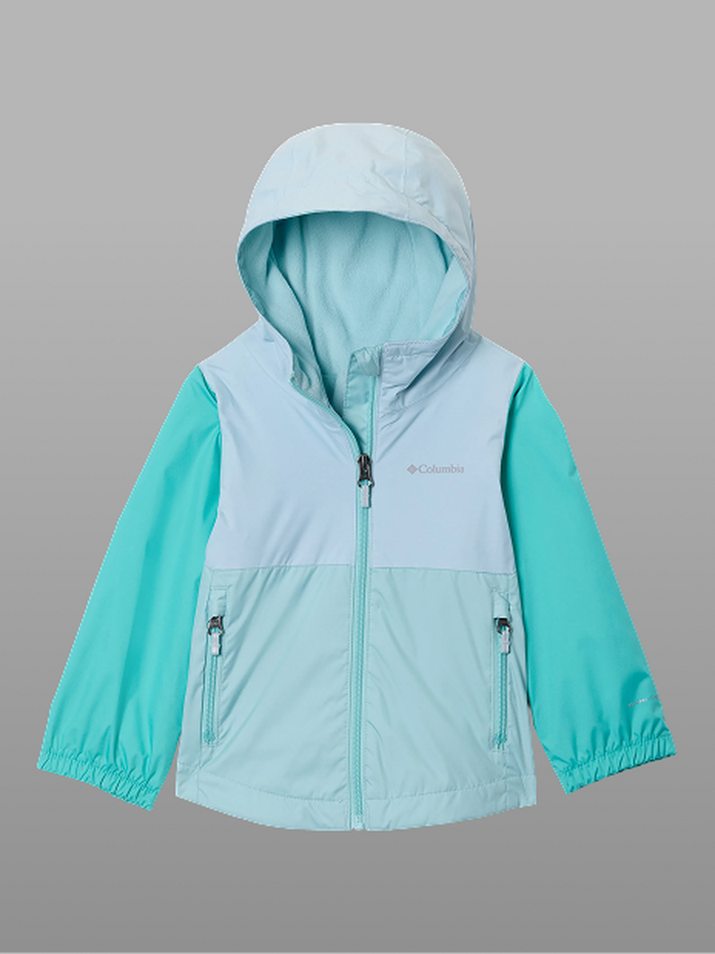 A teal rain jacket.