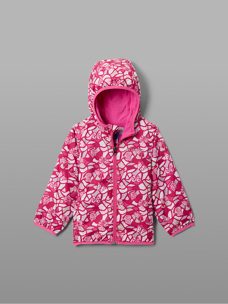 An infant's pink patterned jacket.